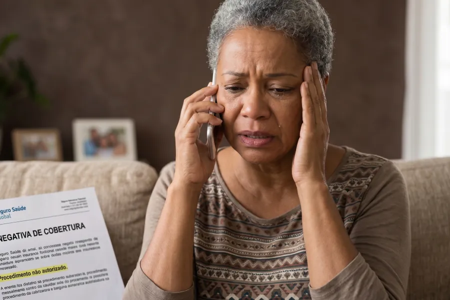 Mulher tendo a cobertura de seu plano de saúde negada.
